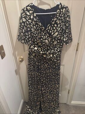 R&M Richards Black and Gold Floral Wrap Evening Dress size large